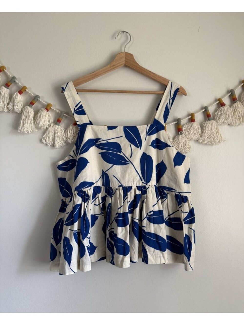 Little Weaver Bird Linen Blue Leaf Print Pleated Babydoll Sleeveless Top Cottage
